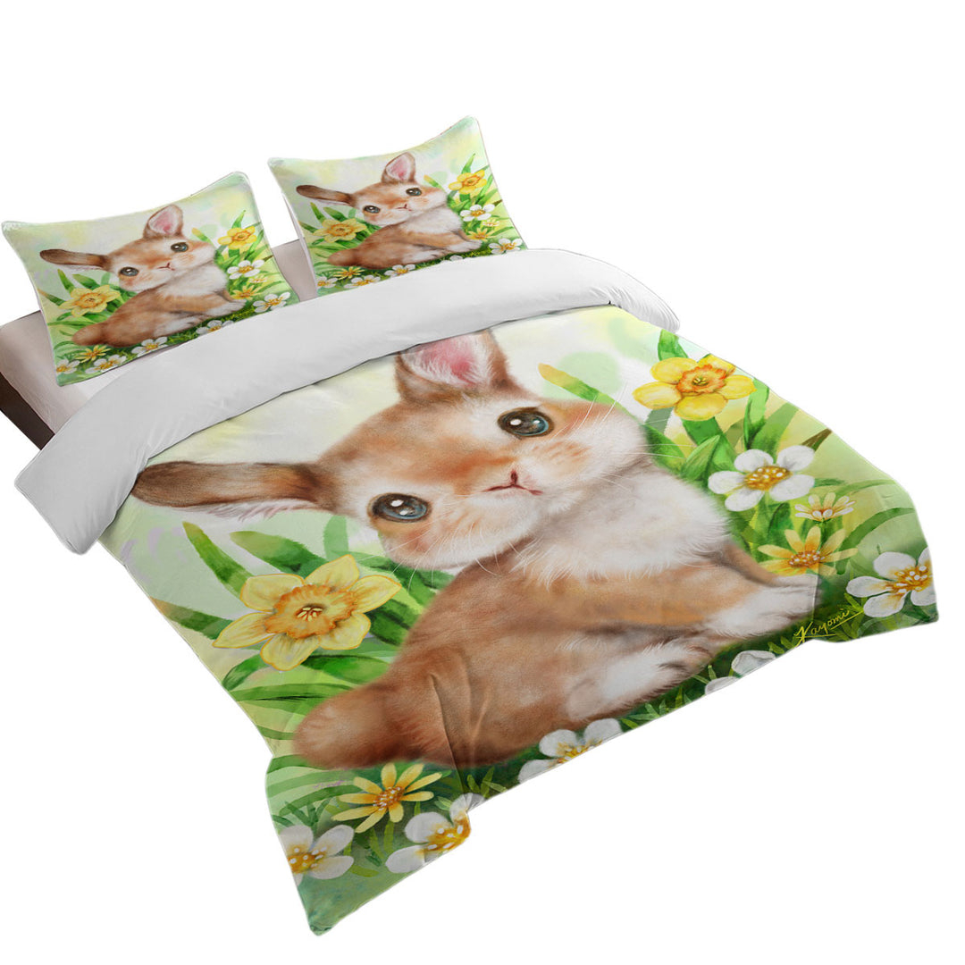 Cute Animal Art Bunny in the Flower Garden Quilt Cover