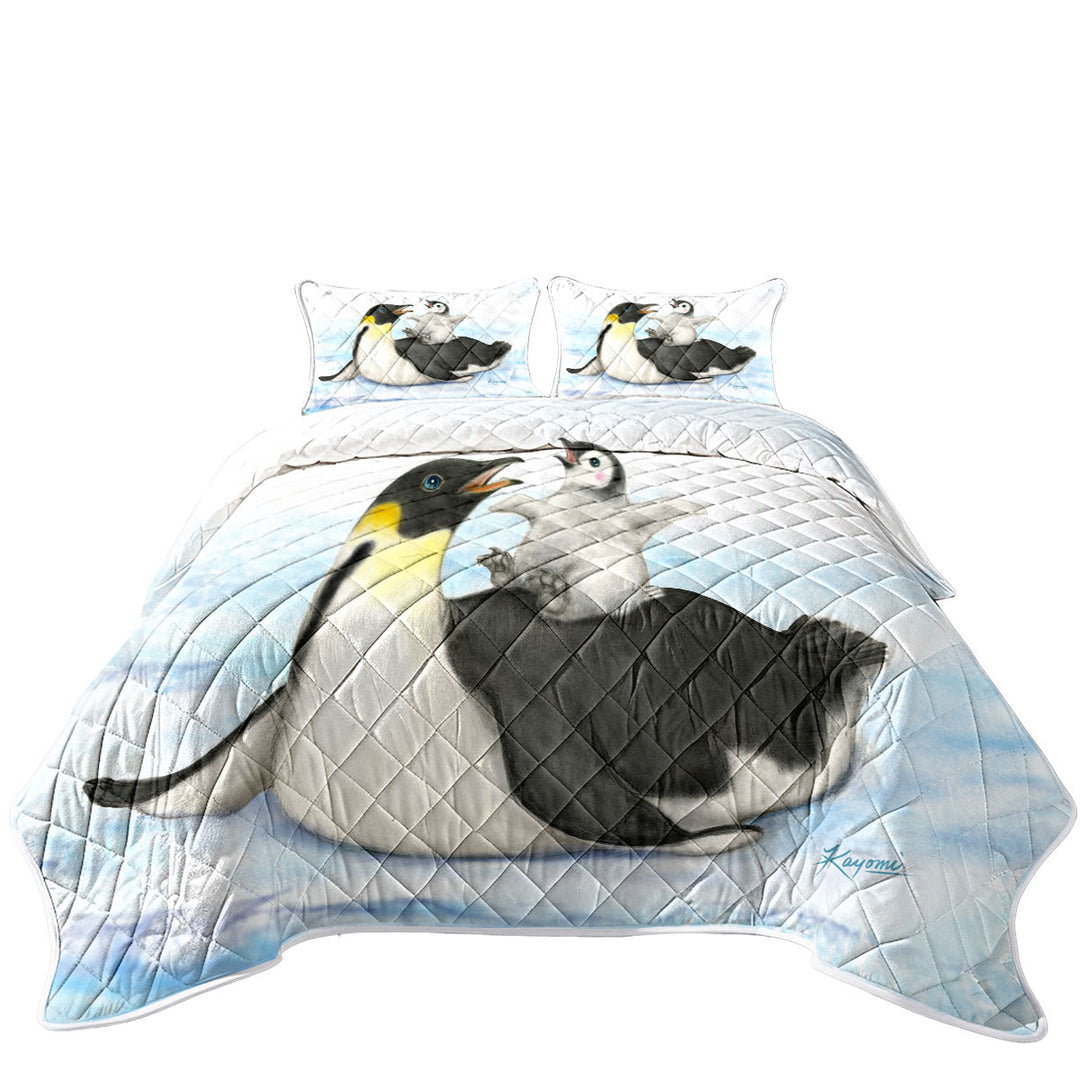 Cute Animal Art Drawings Penguins Happy Time California King Quilt Sets