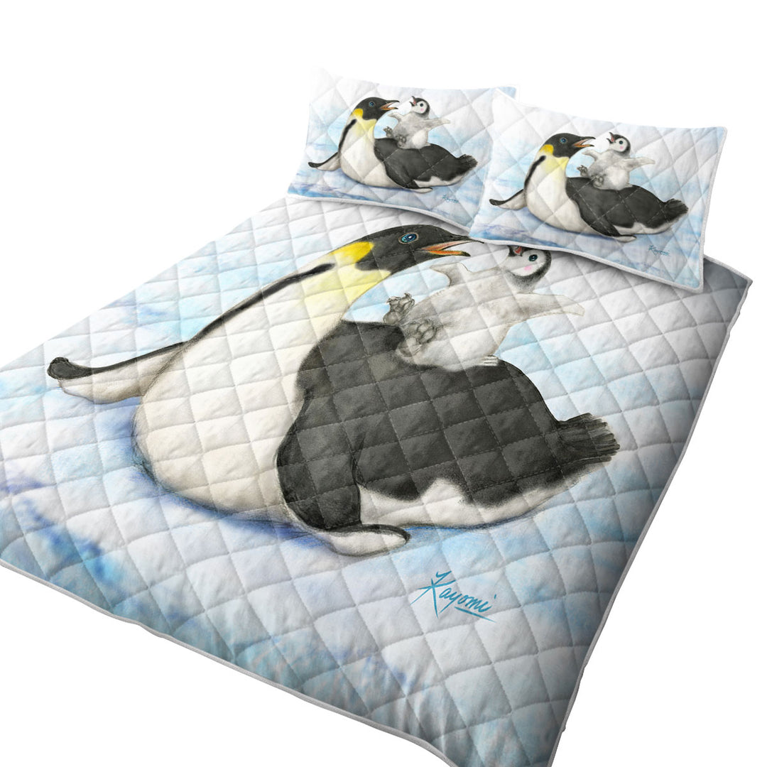 Cute Animal Art Drawings Penguins Happy Time King Size Quilt Sets
