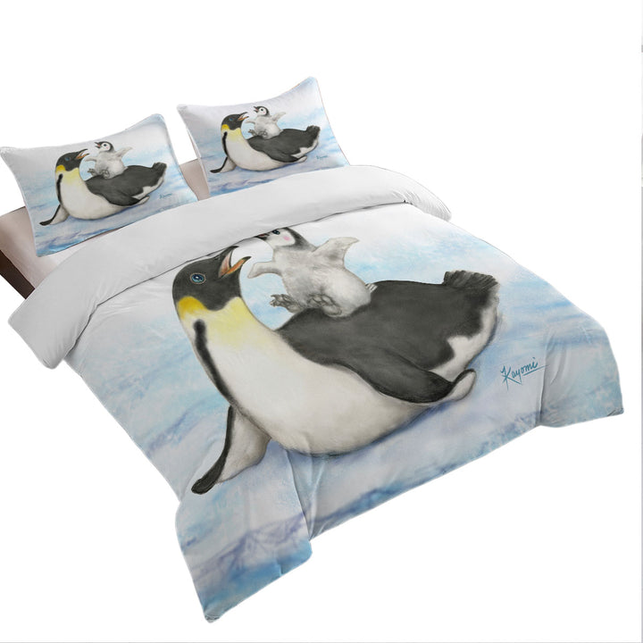Cute Animal Art Drawings Penguins Happy Time Quilt Cover Sets
