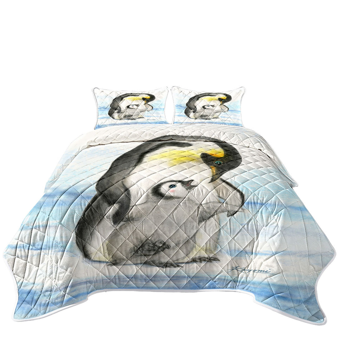 Cute Animal Art Drawings Penguins Holding Hands King Size Quilt Sets