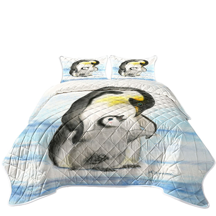 Cute Animal Art Drawings Penguins Holding Hands King Size Quilt Sets