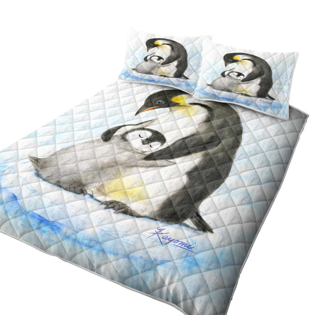 Cute Animal Art Drawings Penguins Hug Coverlet
