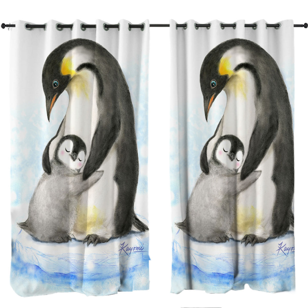 Cute Animal Art Drawings Penguins Hug Curtain