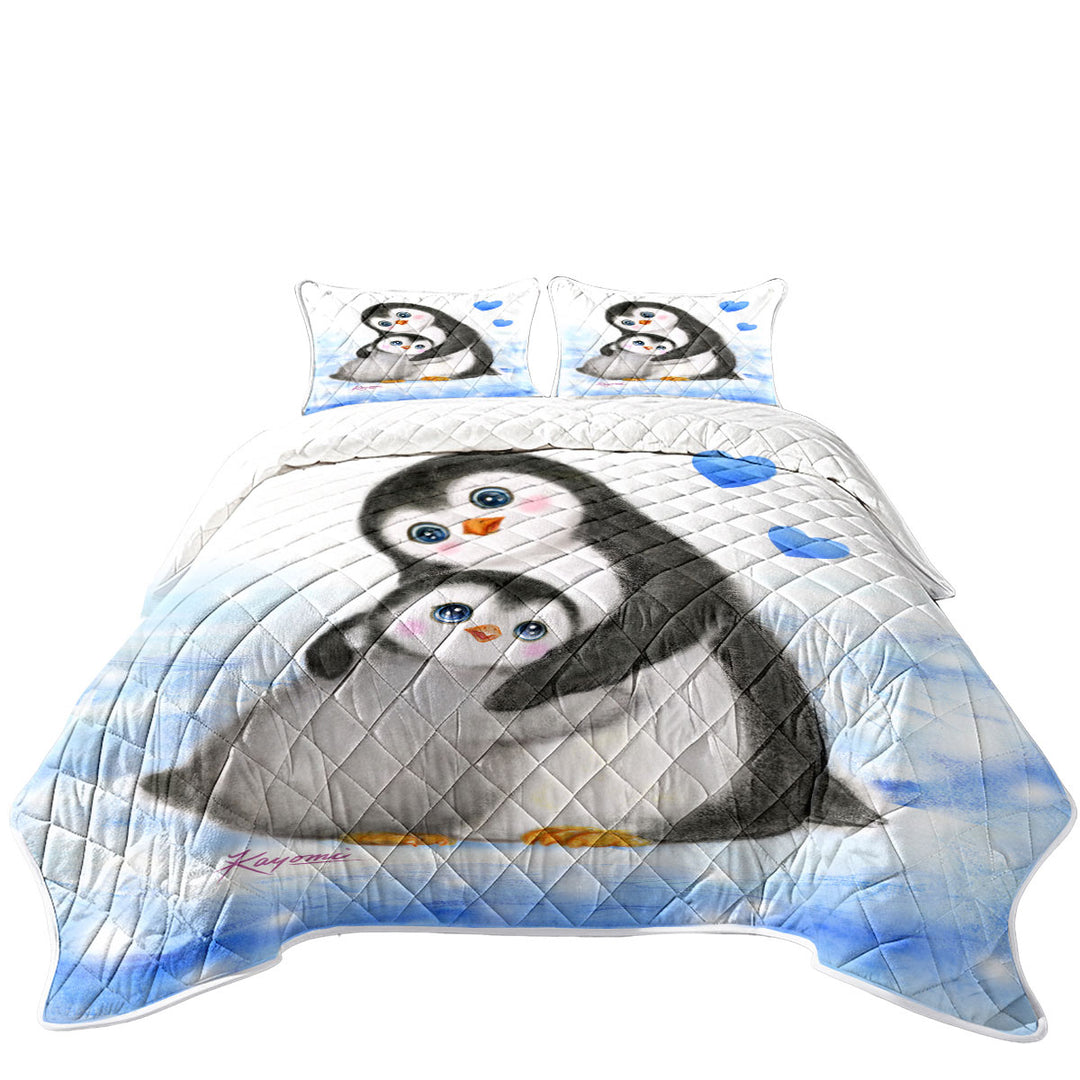 Cute Animal Art Drawings Penguins Mom and Baby Coverlet