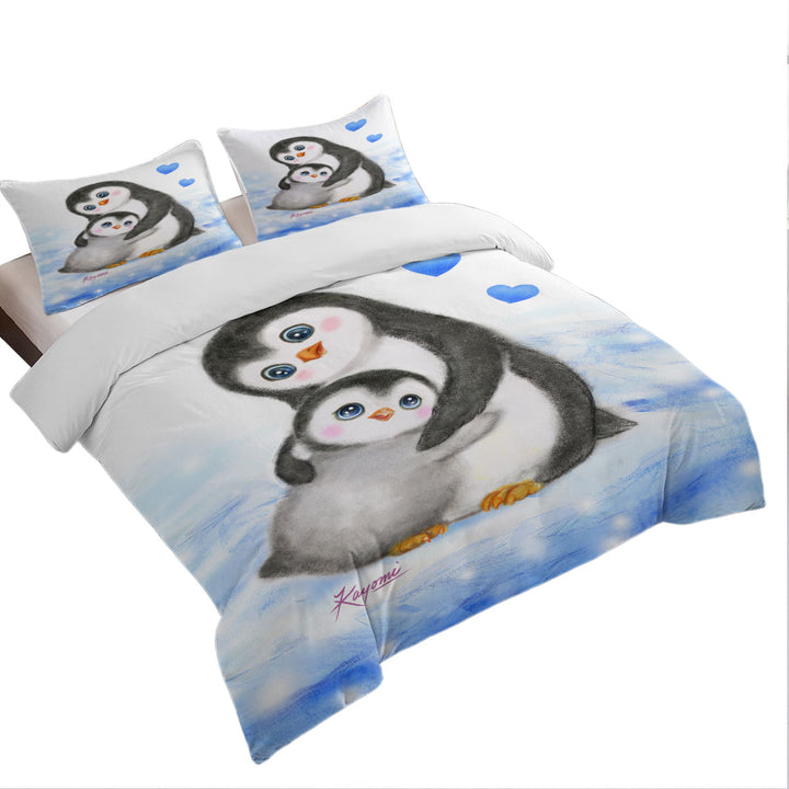 Cute Animal Art Drawings Penguins Mom and Baby Queen Size Duvet Cover
