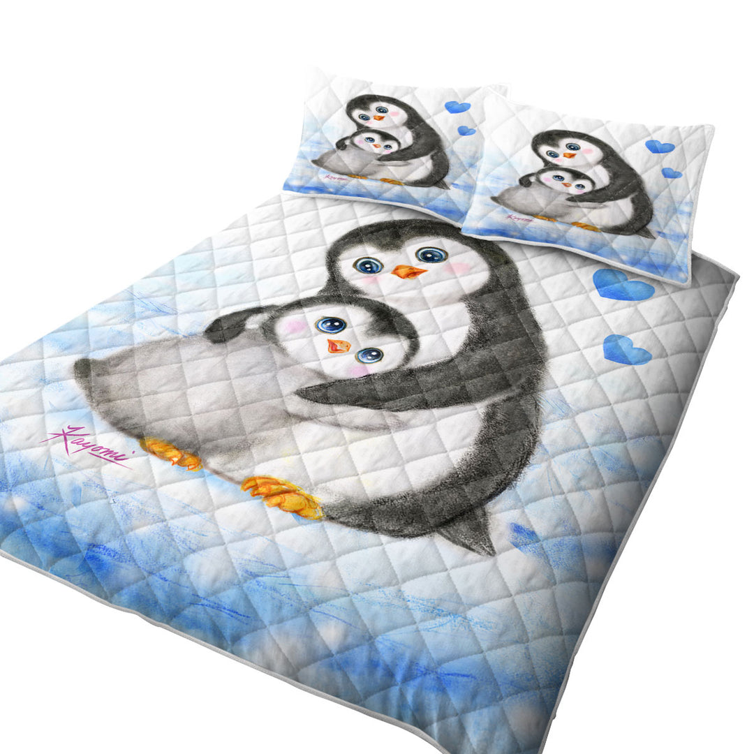 Cute Animal Art Drawings Penguins Mom and Baby Quilts