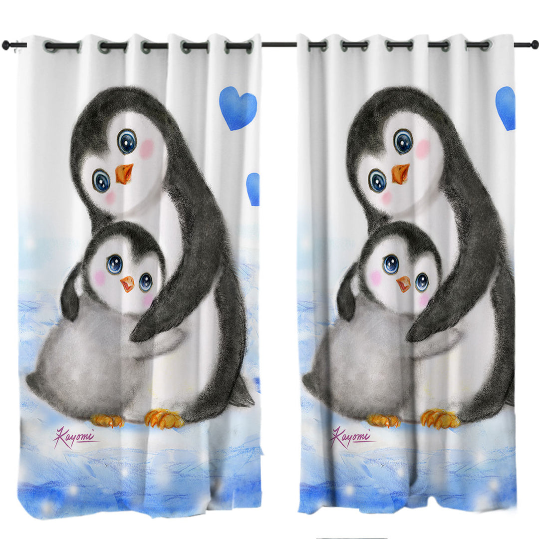 Cute Animal Art Drawings Penguins Mom and Baby Window Curtains