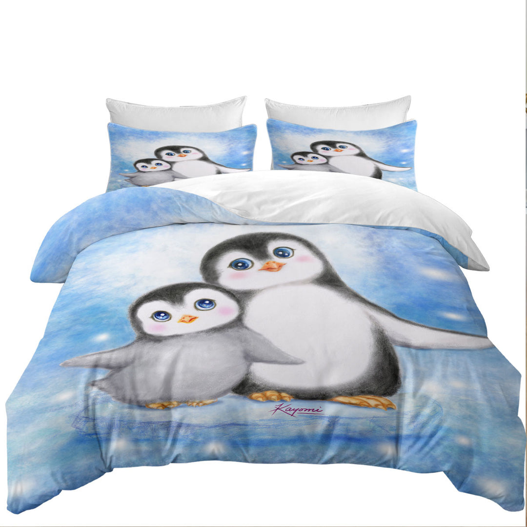 Cute Animal Art Drawings Penguins Side by Side Queen Size Duvet Cover