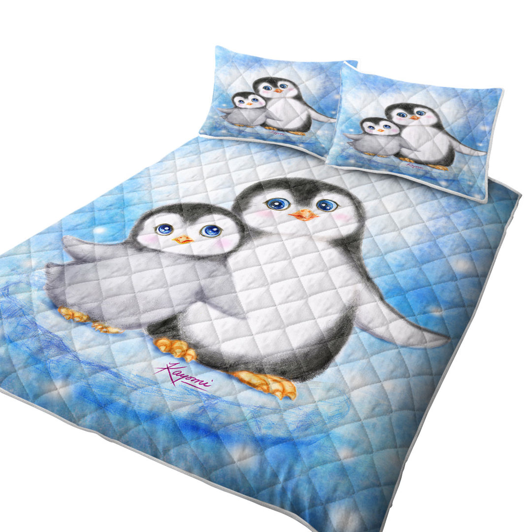 Cute Animal Art Drawings Penguins Side by Side Quilt