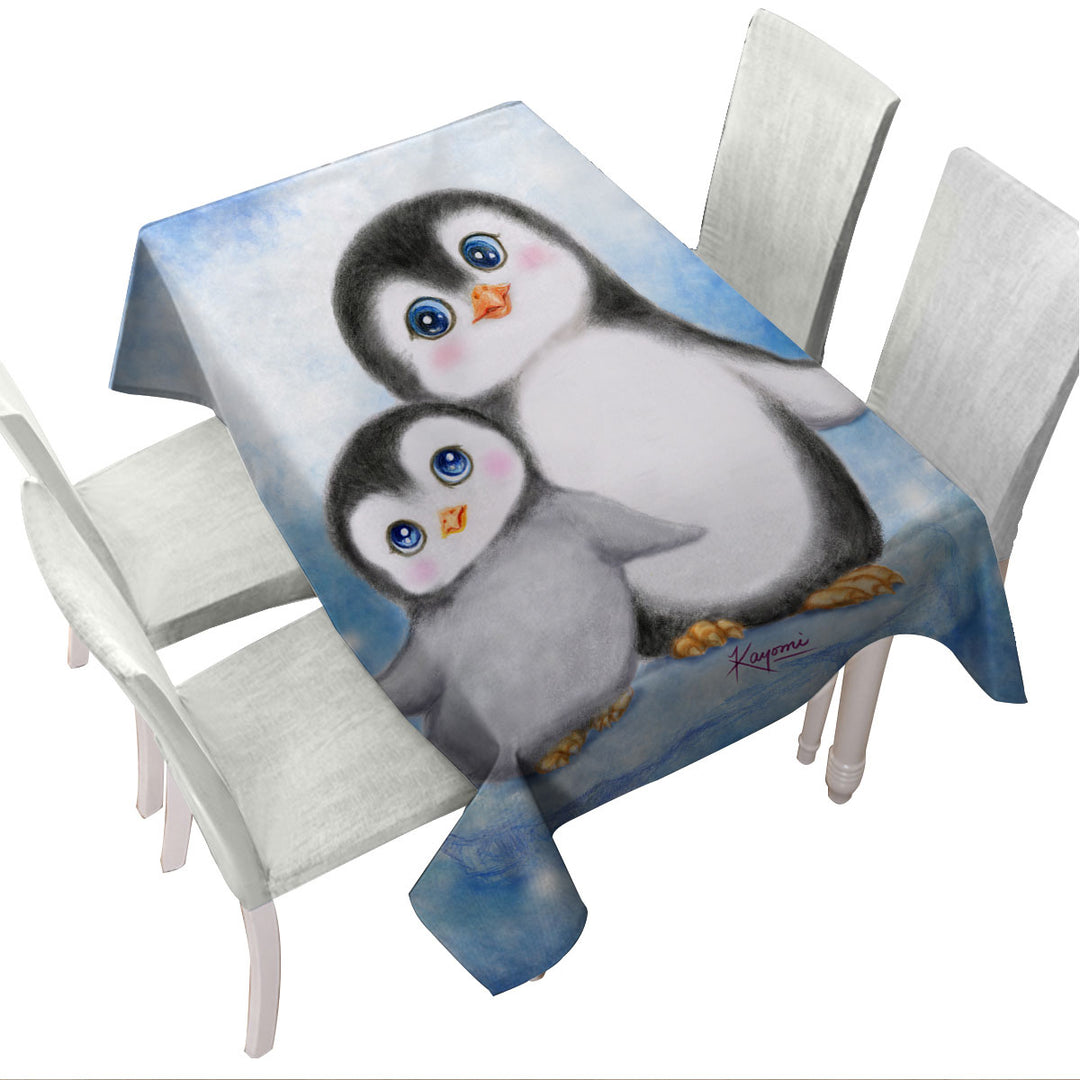 Cute Animal Art Drawings Penguins Side by Side Tablecloth