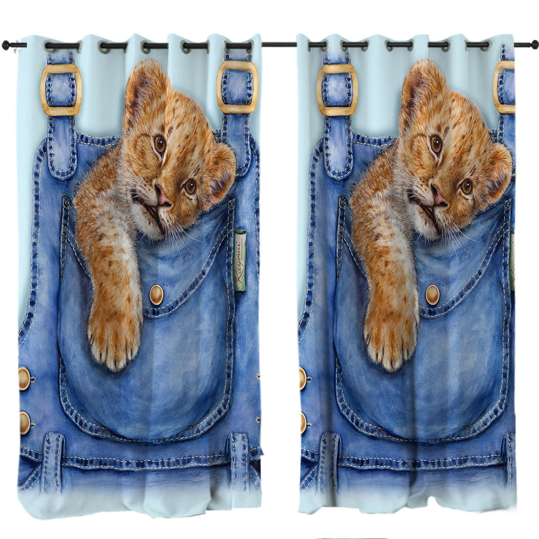 Cute Animal Art Lion Cub Overall Pocket Curtains