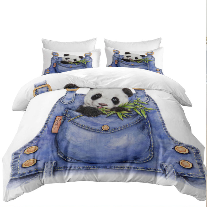 Cute Animal Drawing Panda Overall Duvet Cover