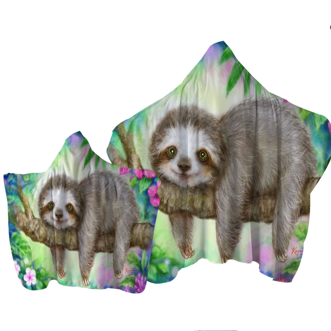 Cute Animal Drawing Sloth Lazy Morning Hooded Beach Towel
