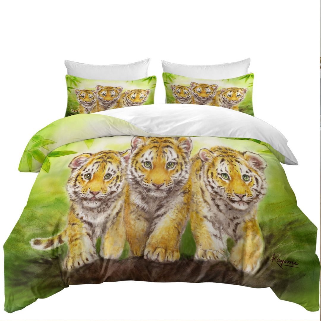 Cute Animal Drawings Three Brothers Tiger Cubs Quilt Cover Sets