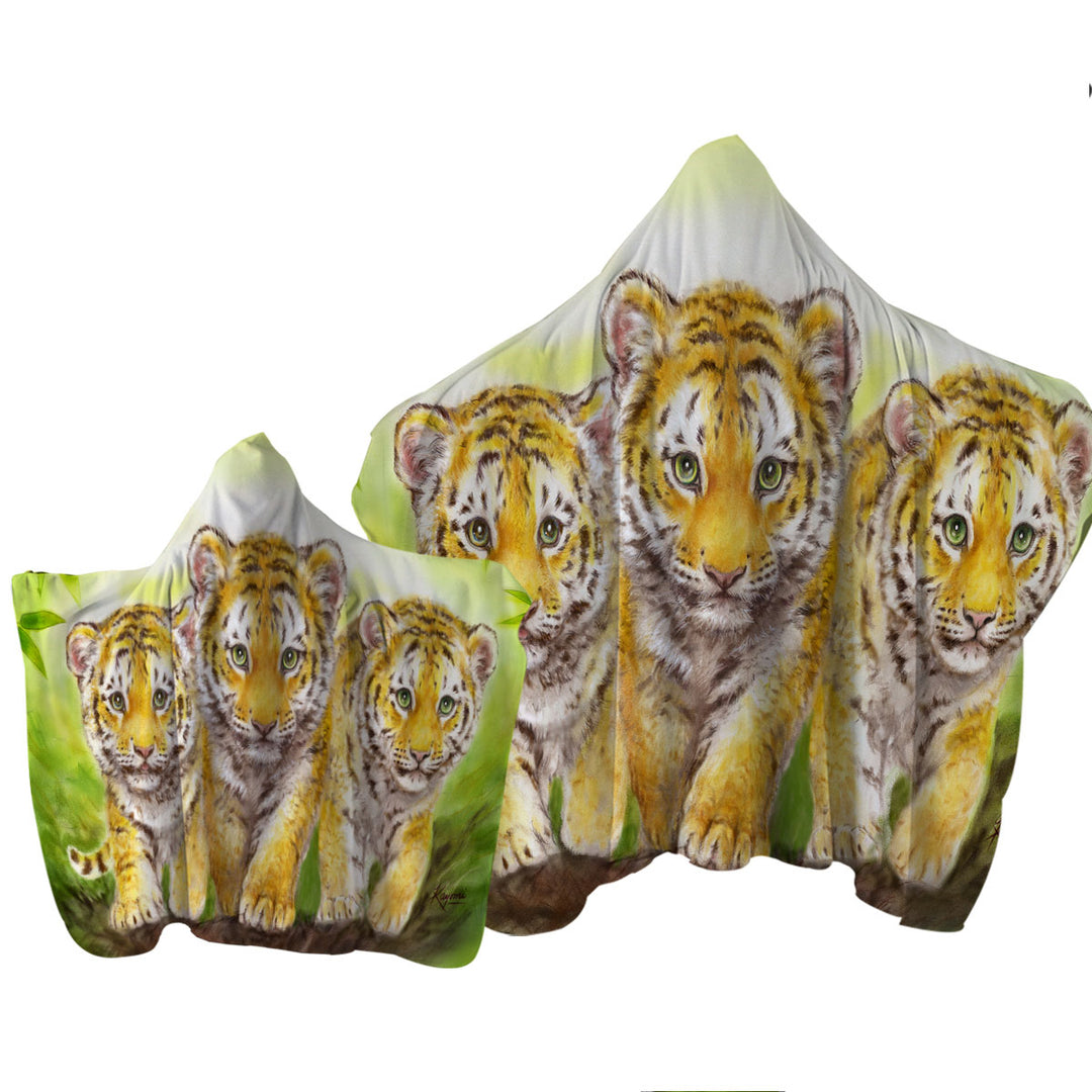 Cute Animal Drawings Three Brothers Tiger Cubs Towel with Hood