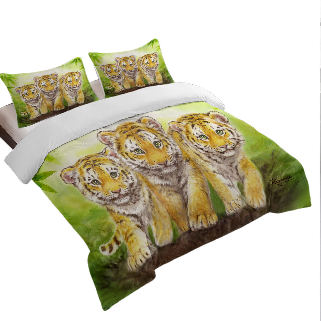 Cute Animal Drawings Three Brothers Tiger Cubs Twin xl Duvet Covers