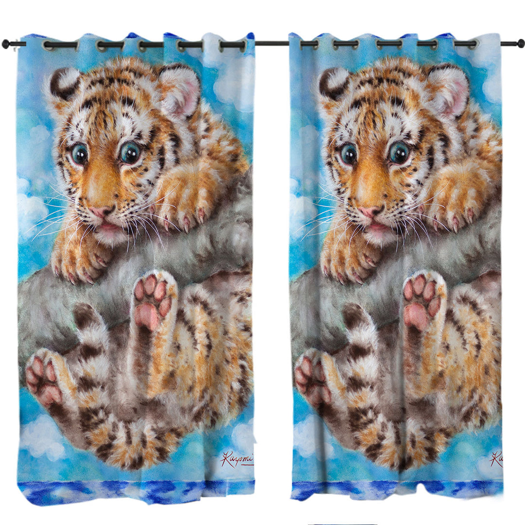 Cute Animal Drawings Tiger Cub on Branch Curtains