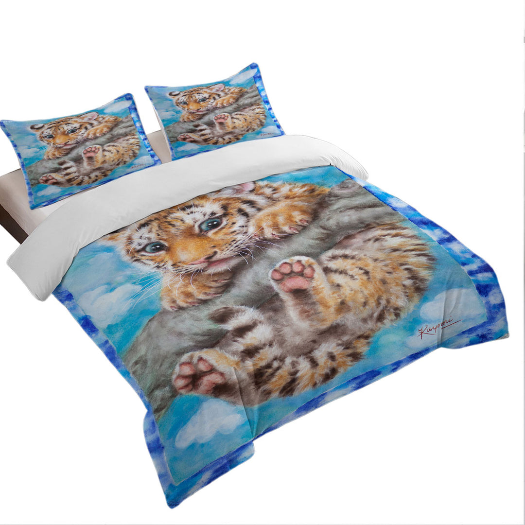 Cute Animal Drawings Tiger Cub on Branch Duvet Cover
