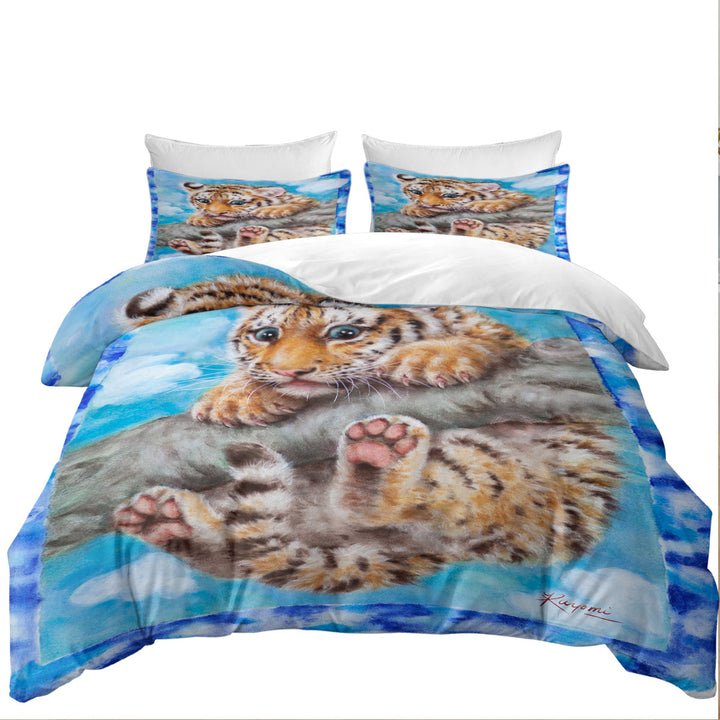 Cute Animal Drawings Tiger Cub on Branch Oversized King Duvet Cover