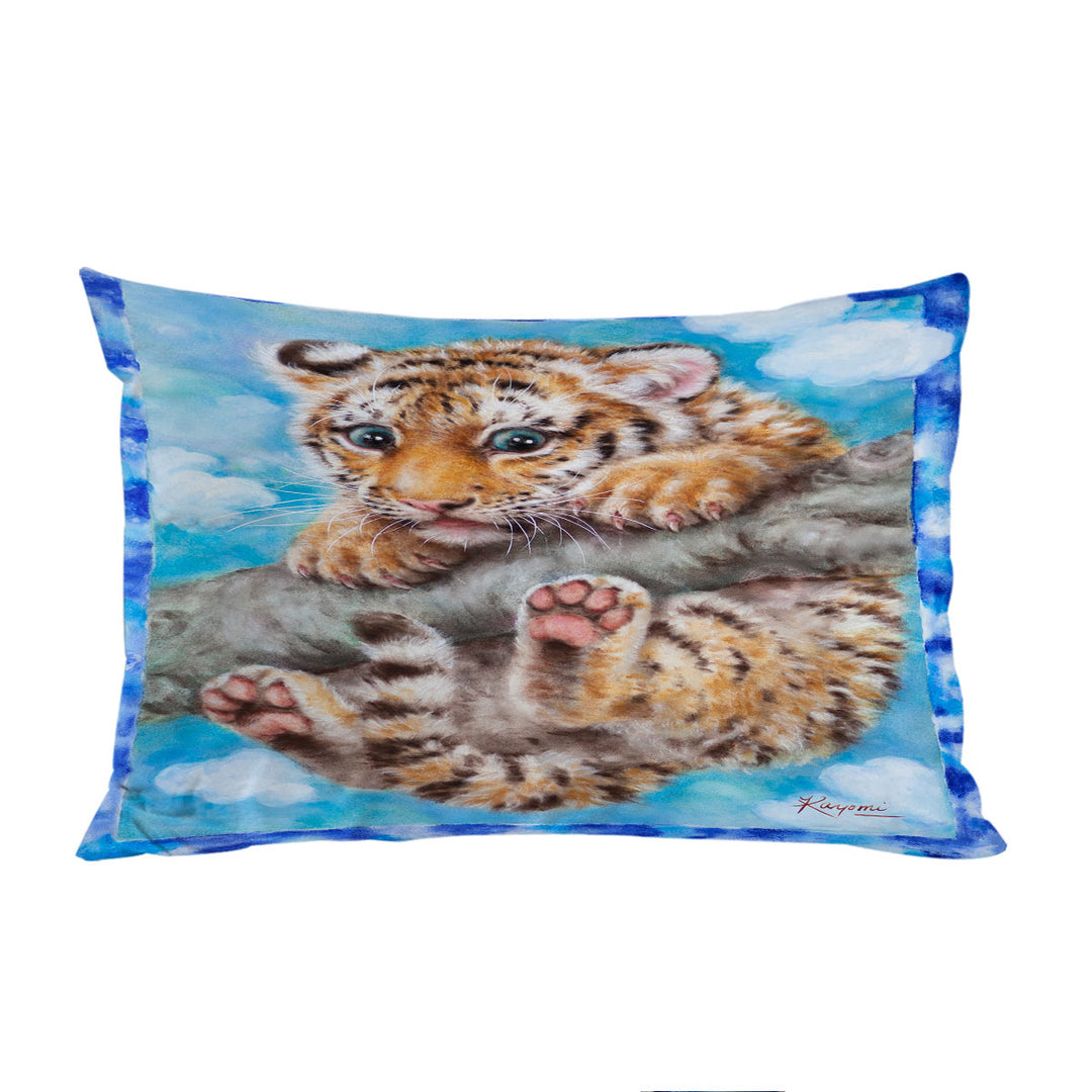 Cute Animal Drawings Tiger Cub on Branch Pillow Cases