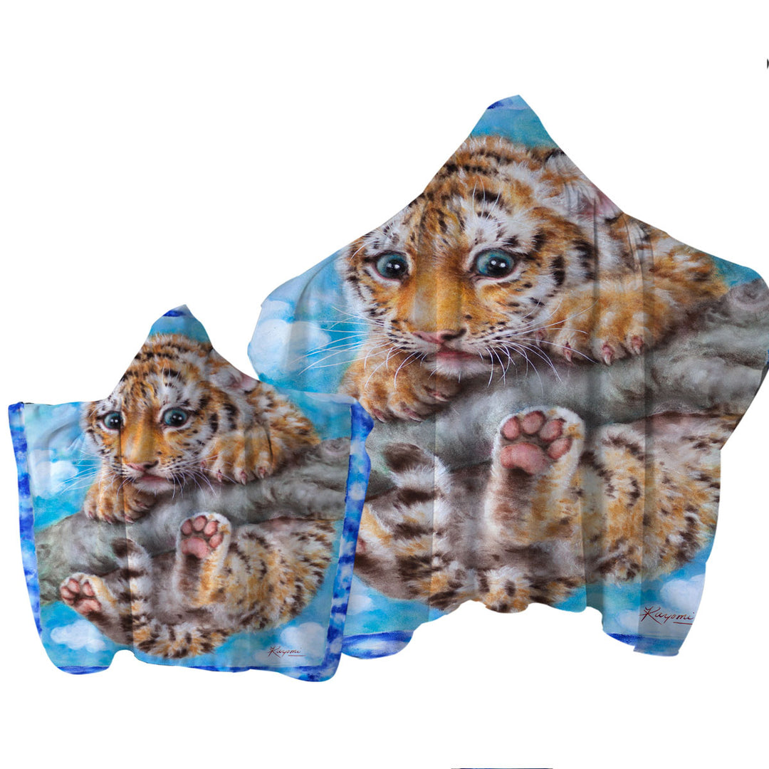 Cute Animal Drawings Tiger Cub on Branch Towel Hoodie