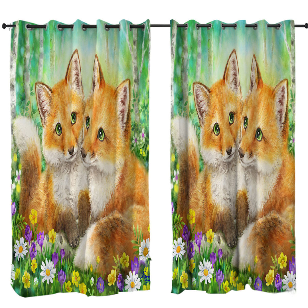 Cute Animal Painting Fox Brothers and Flowers Drapes for Living Room