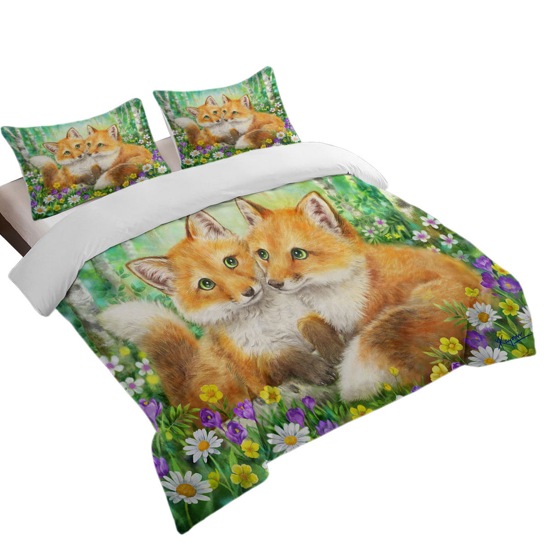 Cute Animal Painting Fox Brothers and Flowers Duvet Cover