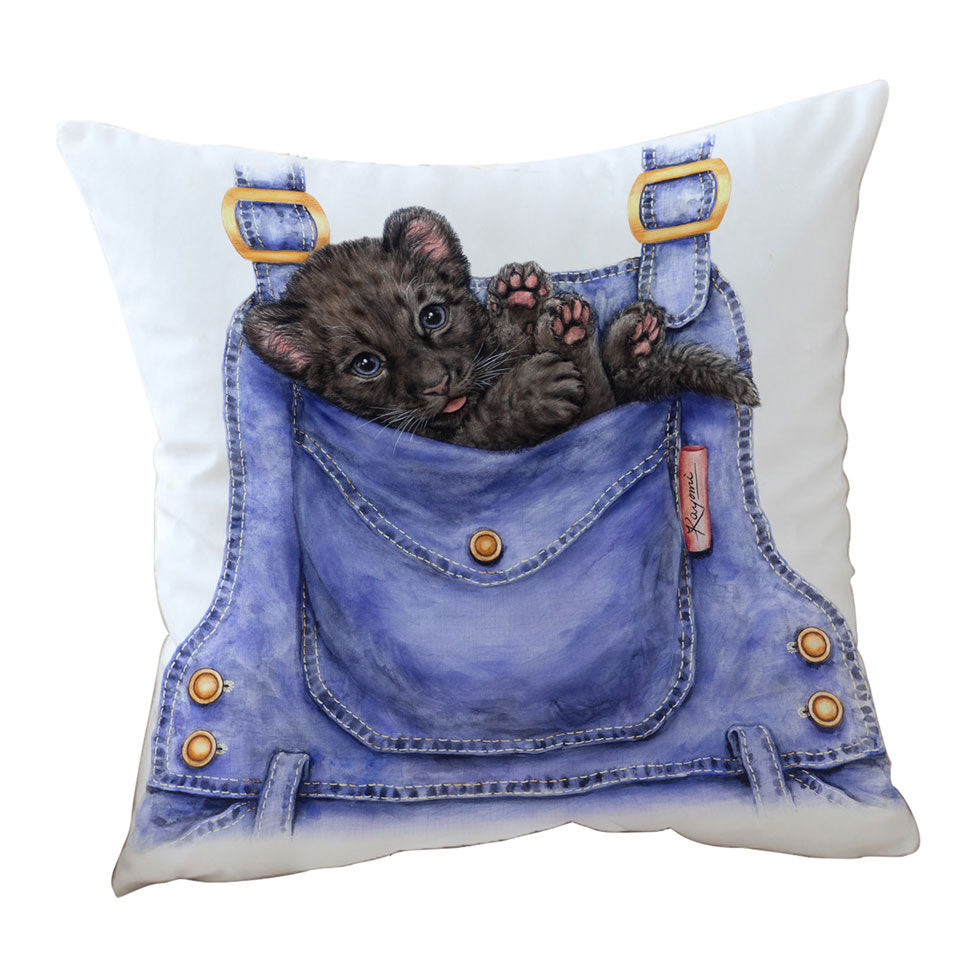 Cute Animal Throw Pillows Art Black Panther Cub in a Pocket