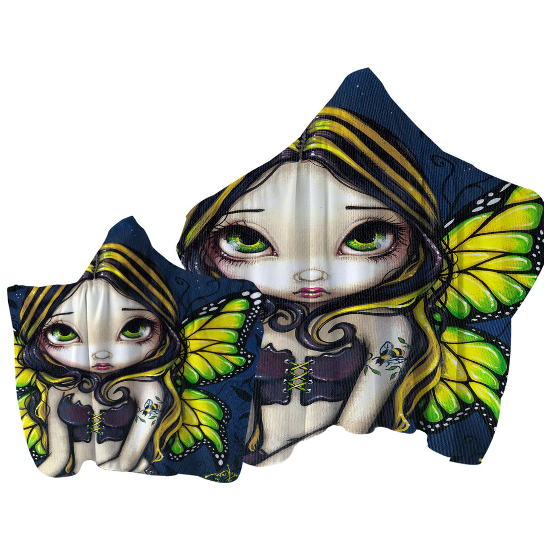 Cute Art Bumblebee Tattoo on Butterfly Fairy Hooded Beach Towel