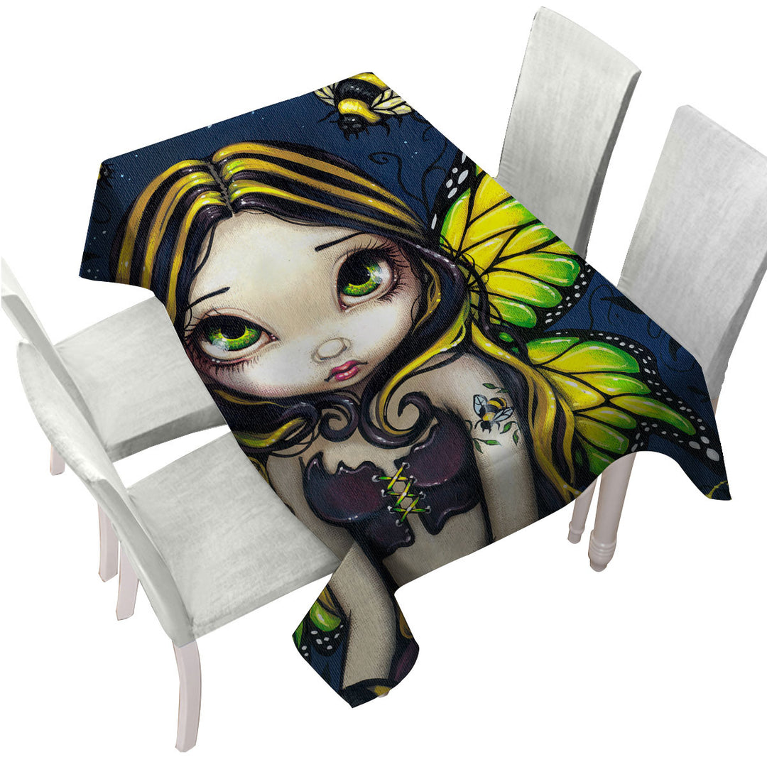 Cute Art Bumblebee Tattoo on Butterfly Fairy Printed Tablecloth