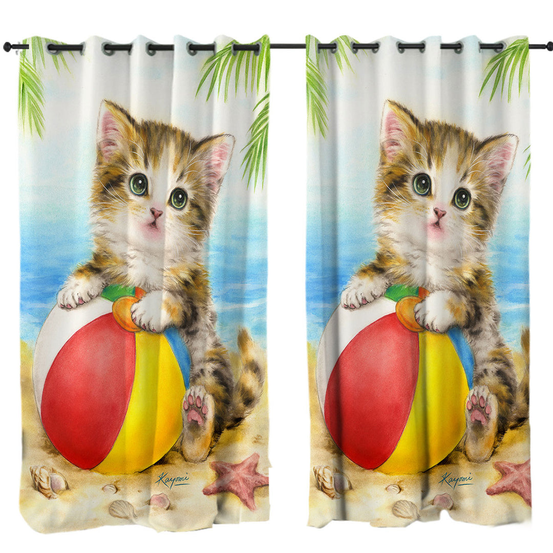 Cute Art Designs for Children Kitten Beach Time Drapes for Living Room