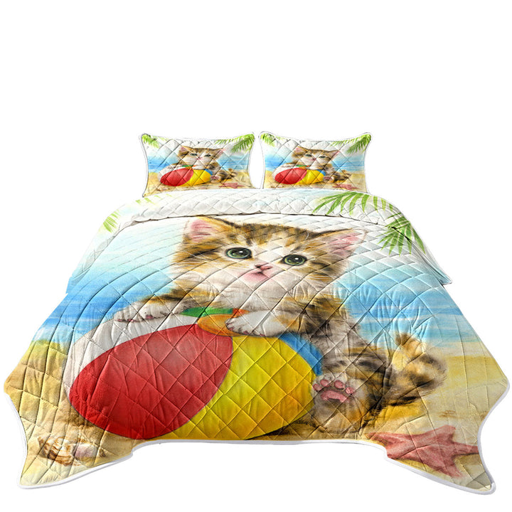 Cute Art Designs for Children Kitten Beach Time King Size Quilt Sets