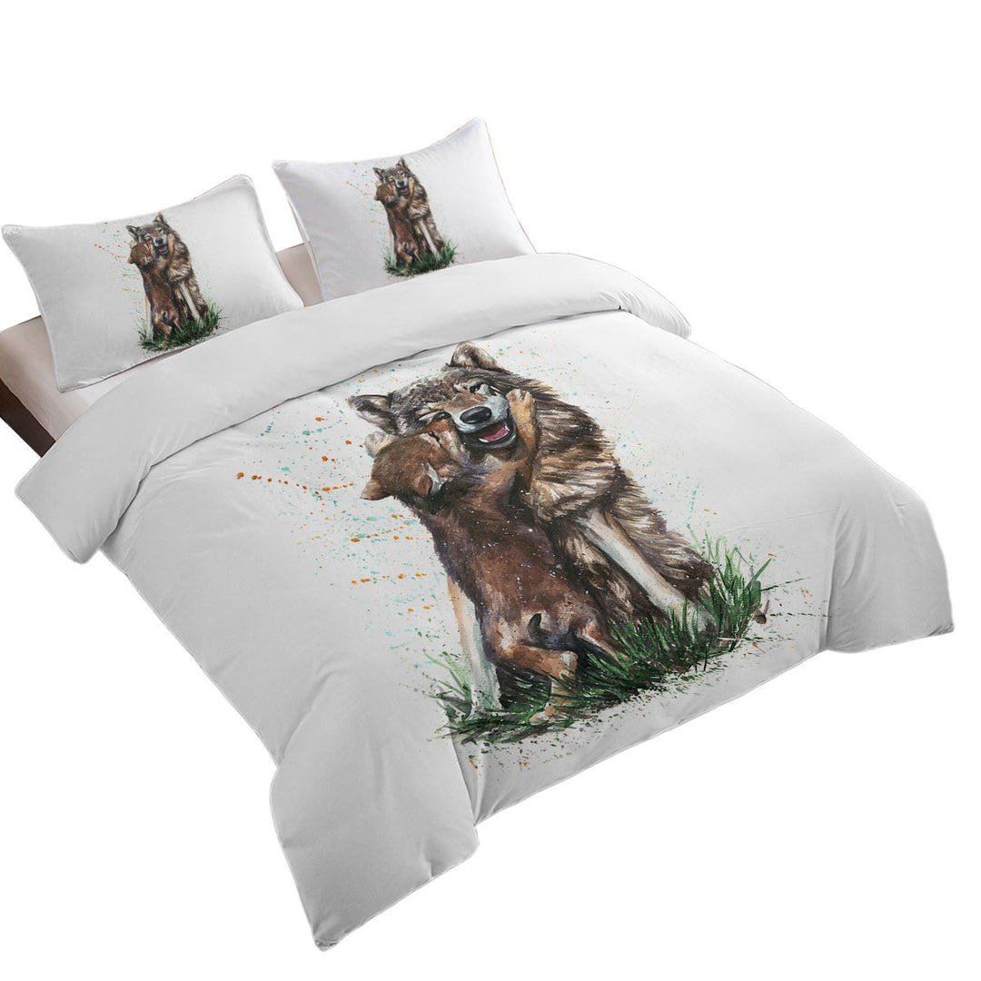 Cute Art Painting Momma Wolf and her Pup Duvet Cover set