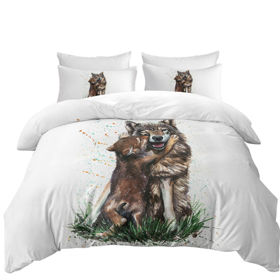 Cute Art Painting Momma Wolf and her Pup Duvet Covers