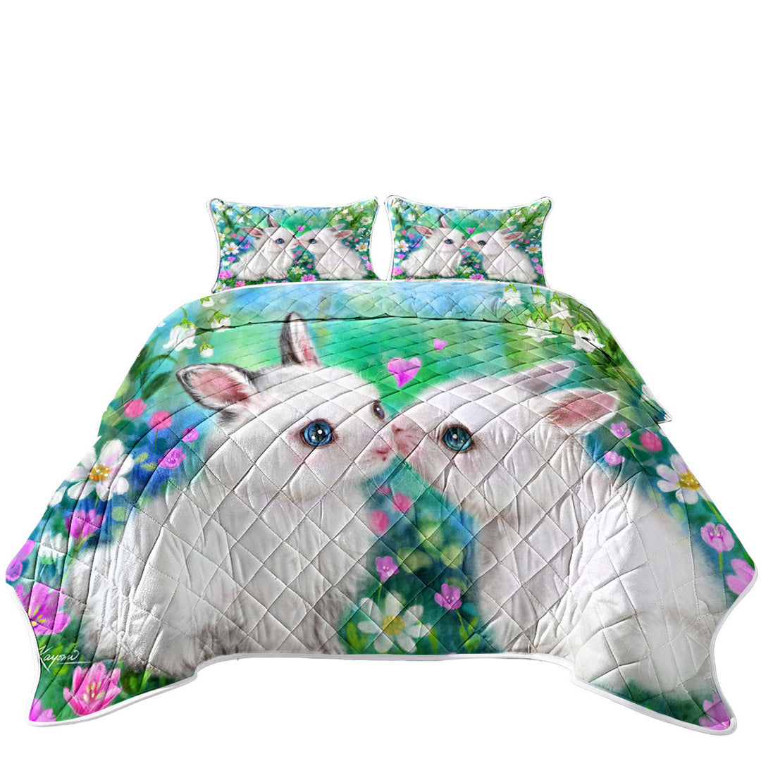 Cute Art Paintings Flower Garden Bunnies California King Quilt Sets