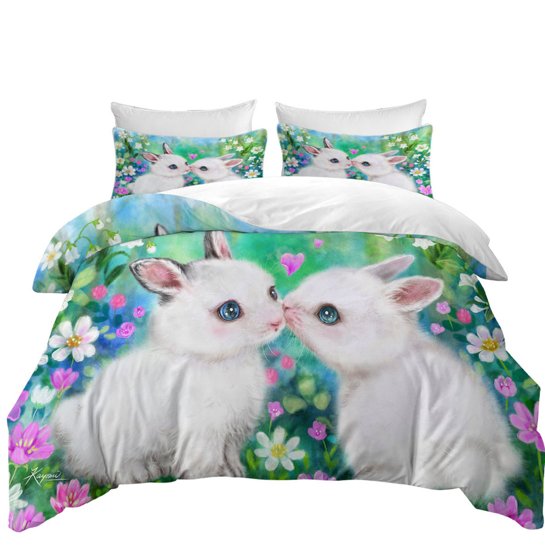 Cute Art Paintings Flower Garden Bunnies Coverlet