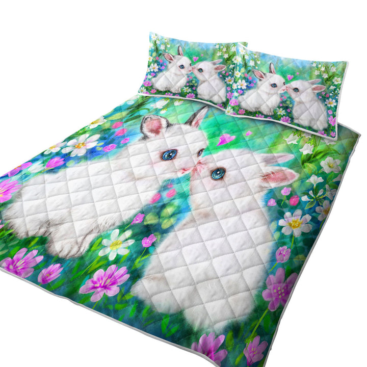 Cute Art Paintings Flower Garden Bunnies King Size Quilt Sets