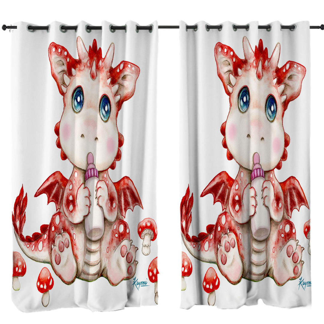 Cute Art for Kids Red Mushrooms and Dragon Drapes for Living Room