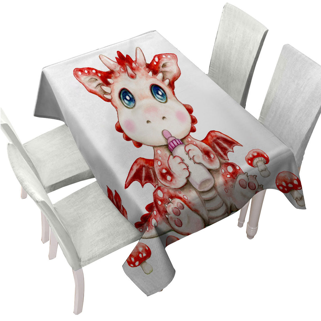 Cute Art for Kids Red Mushrooms and Dragon Tablecloth