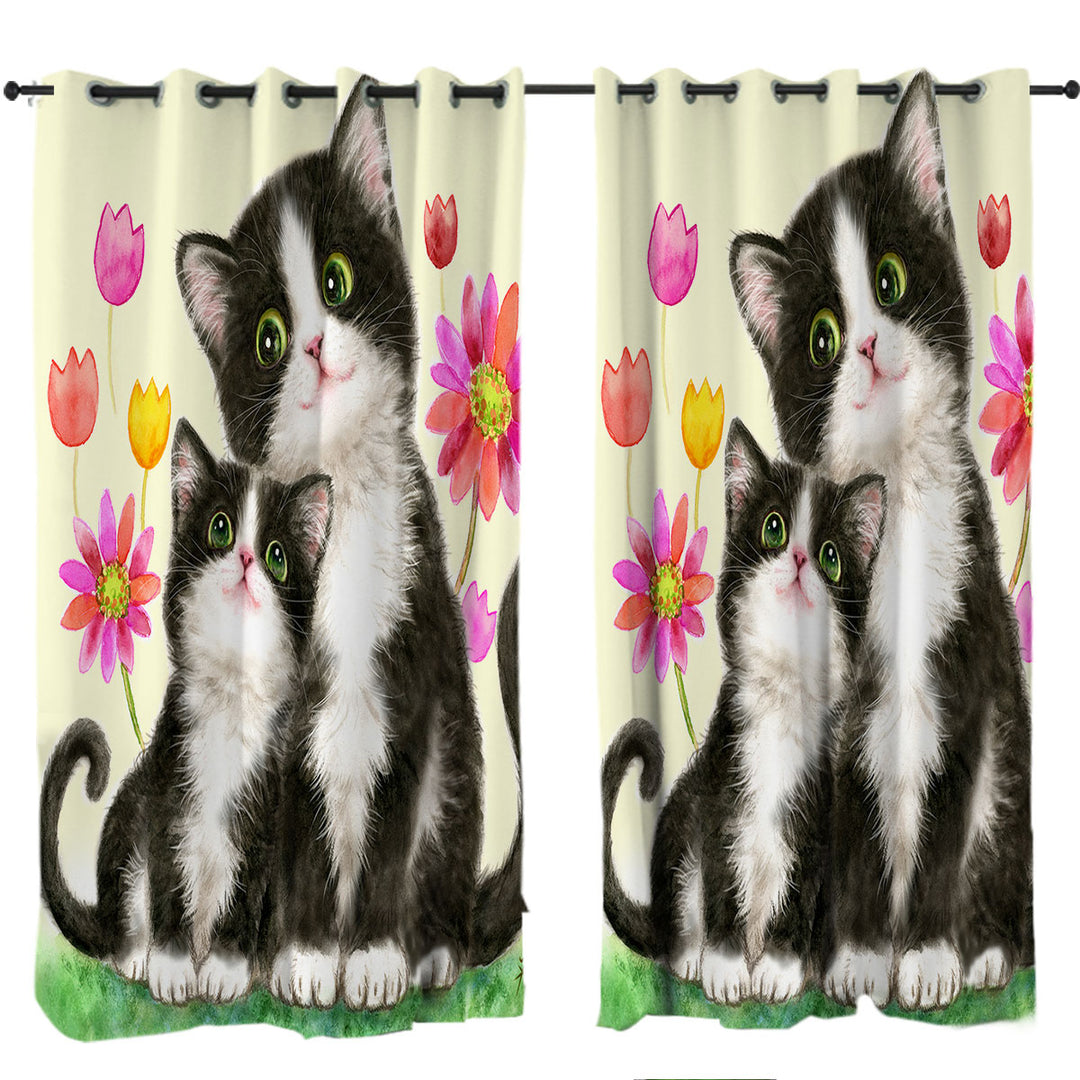 Cute Black and White Cats Mother and Daughter Drapery