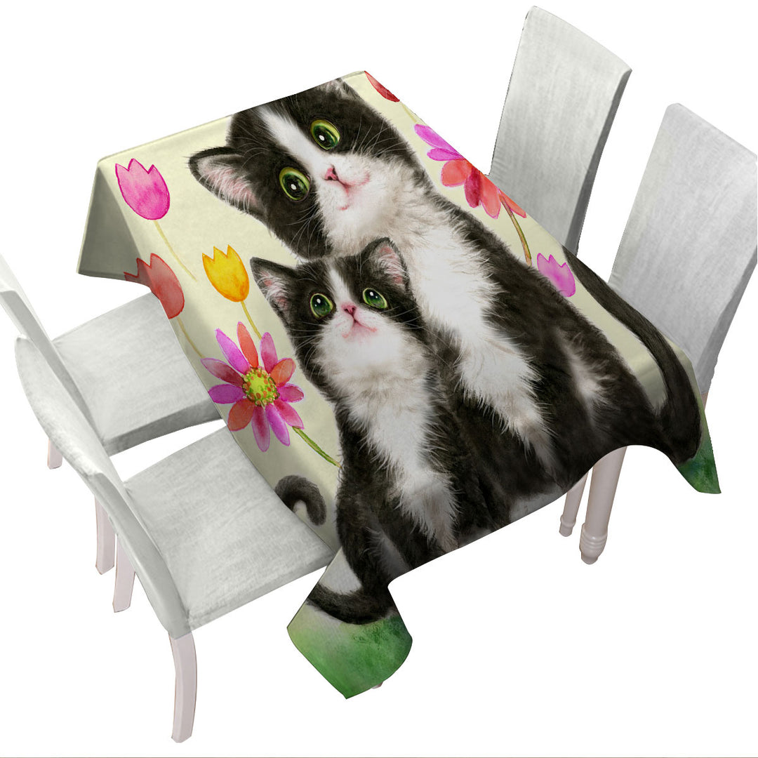 Cute Black and White Cats Mother and Daughter Tablecloths