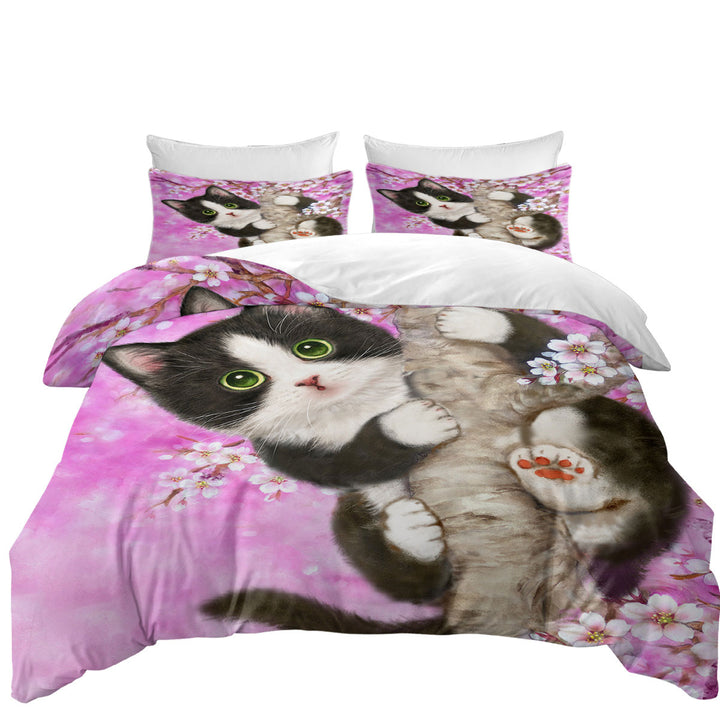 Cute Black and White Kitten Cat on Cherry Blossom Best Duvet Covers