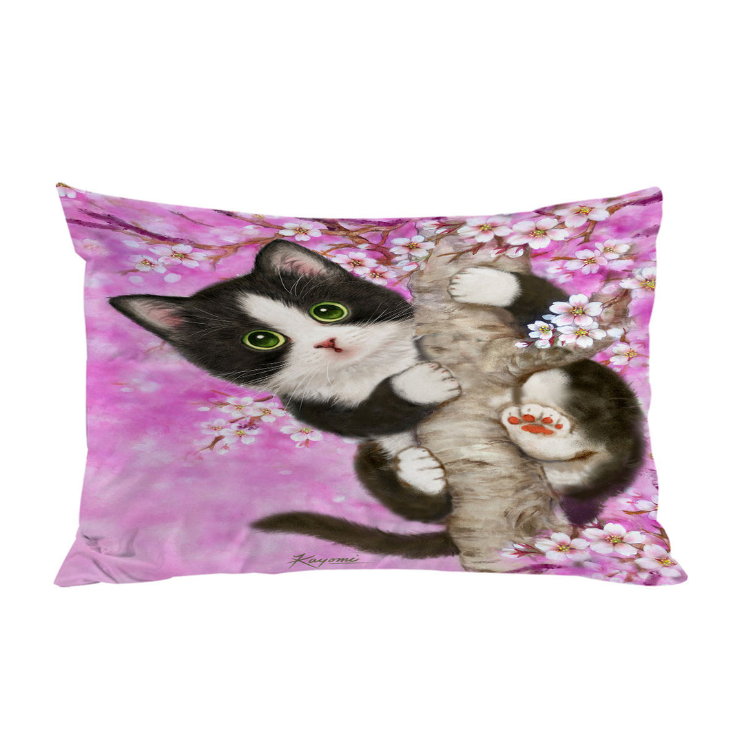 Cute Black and White Kitten Cat on Cherry Blossom Pillowcase