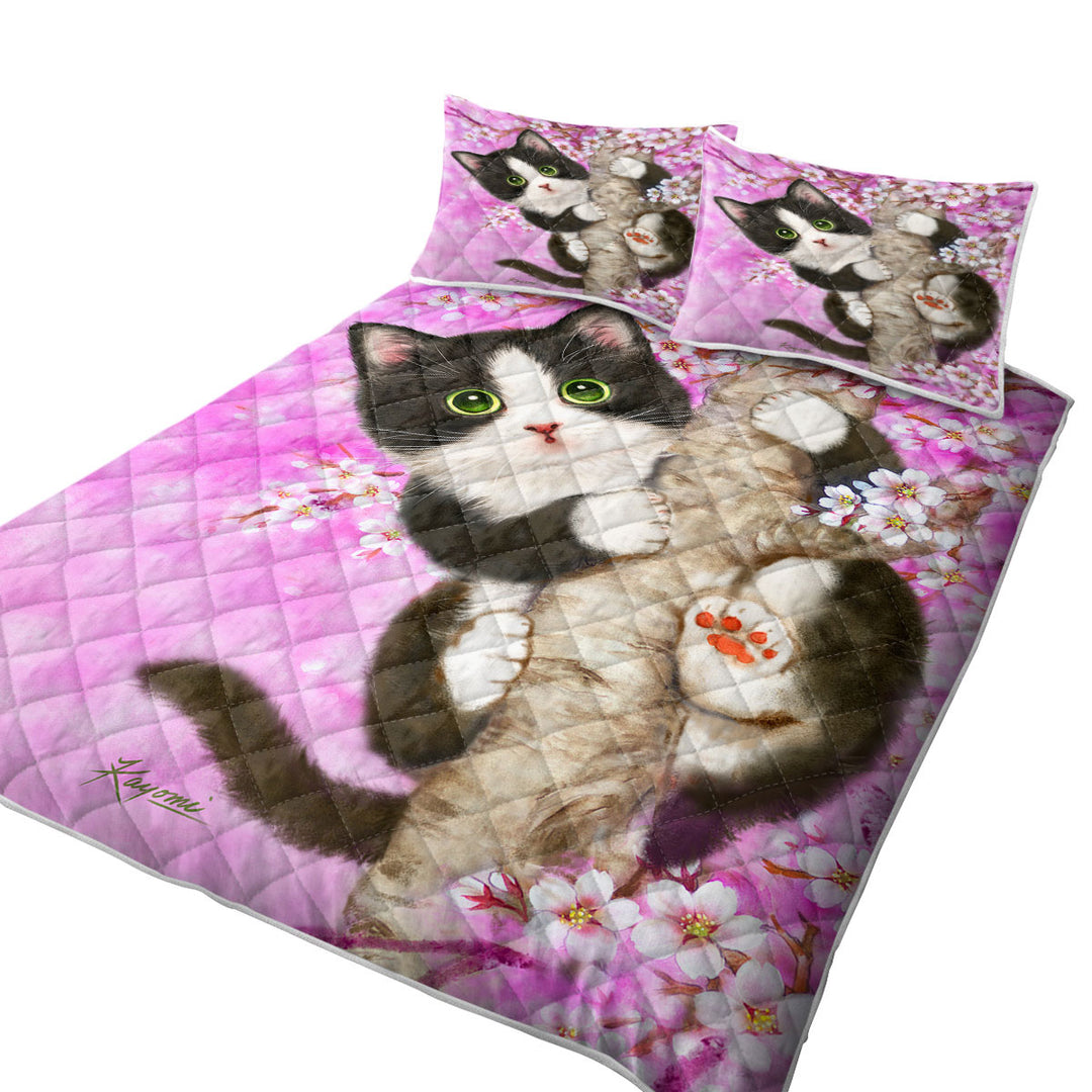 Cute Black and White Kitten Cat on Cherry Blossom Summer Quilt