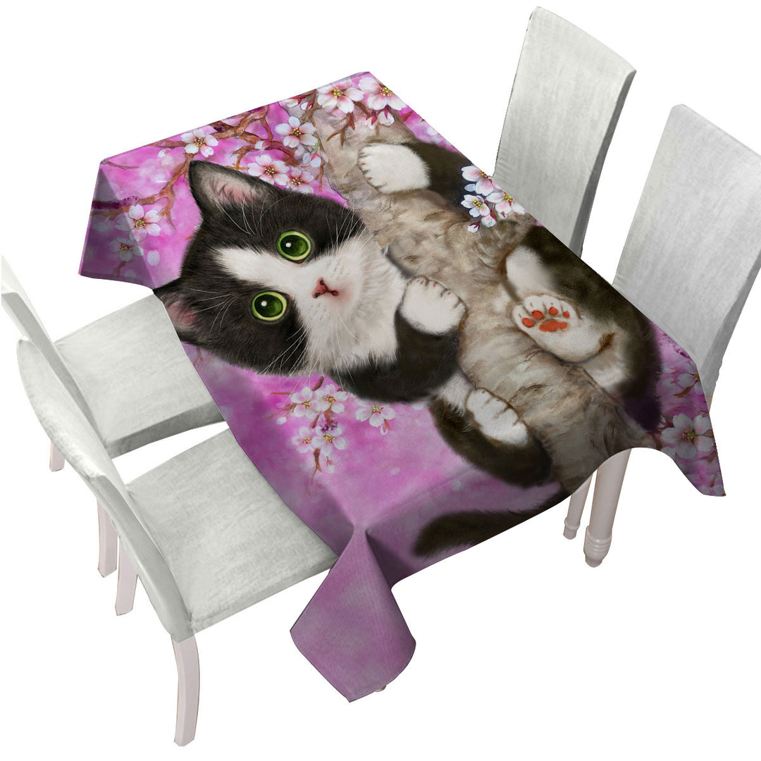 Cute Black and White Kitten Cat on Cherry Blossom Tablecloths