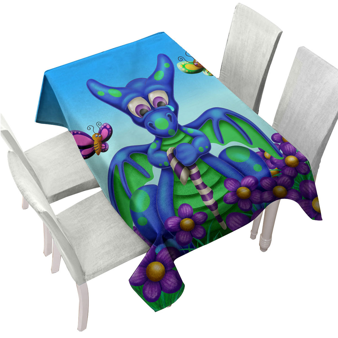 Cute Blue Dragon with Purple Flowers Kids Custom tablecloths