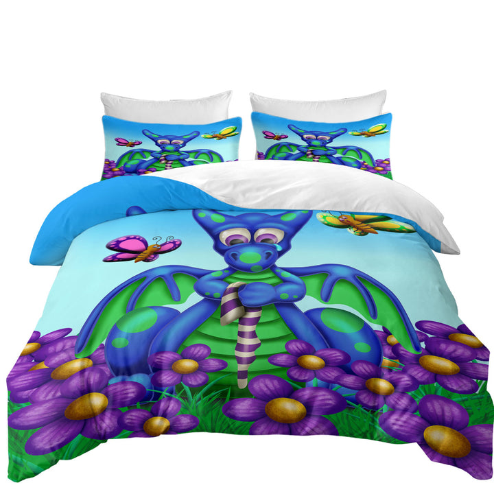 Cute Blue Dragon with Purple Flowers Kids Duvet Cover