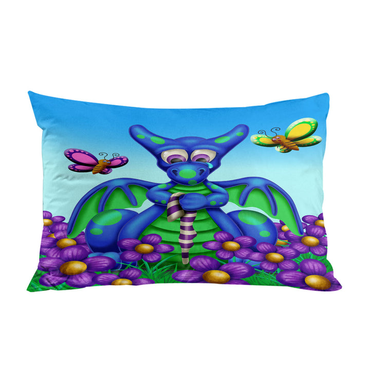 Cute Blue Dragon with Purple Flowers Kids Pillow Cases