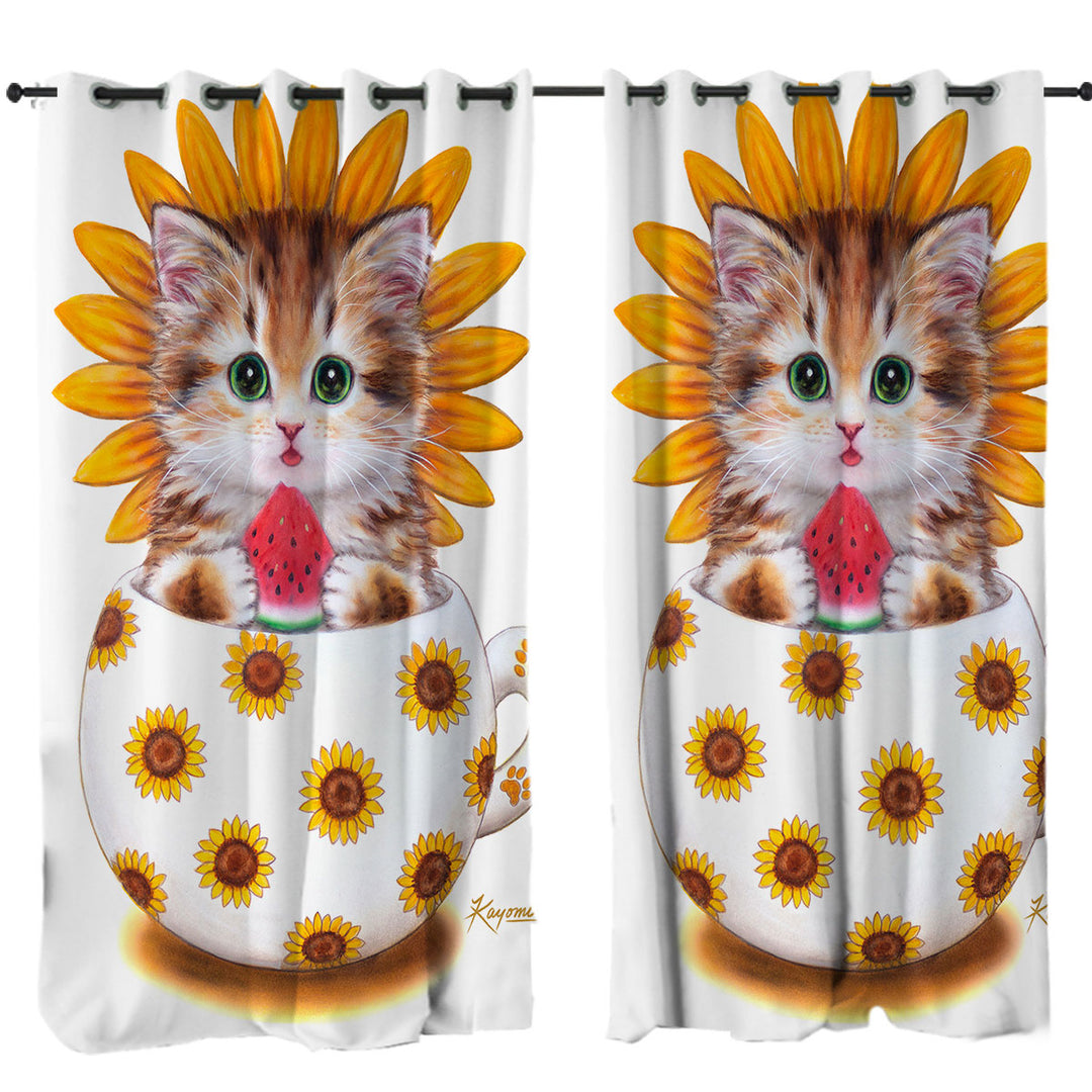 Cute Cat Art Paintings the Sunflower Cup Kitten Drapes and Curtains